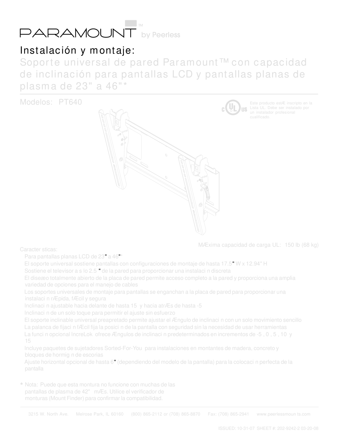 Peerless Industries manual Modelos PT640, Características Máxima capacidad de carga UL 150 lb 68 kg 