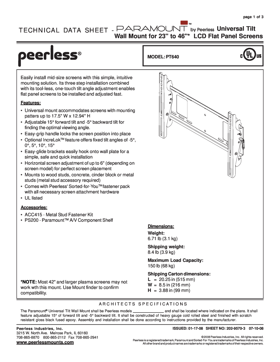 Peerless Industries dimensions MODEL PT640, Features, Accessories, Dimensions Weight, Shipping weight 