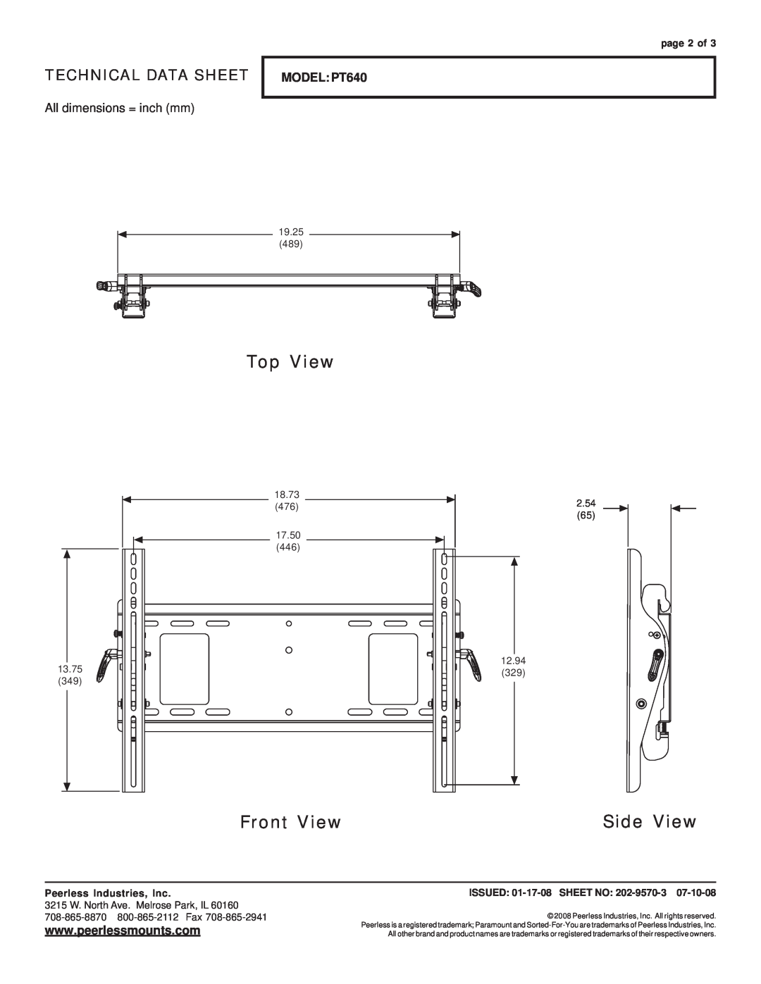 Peerless Industries dimensions Top View, Front View, Side View, Technical Data Sheet, MODEL PT640, page 2 of 