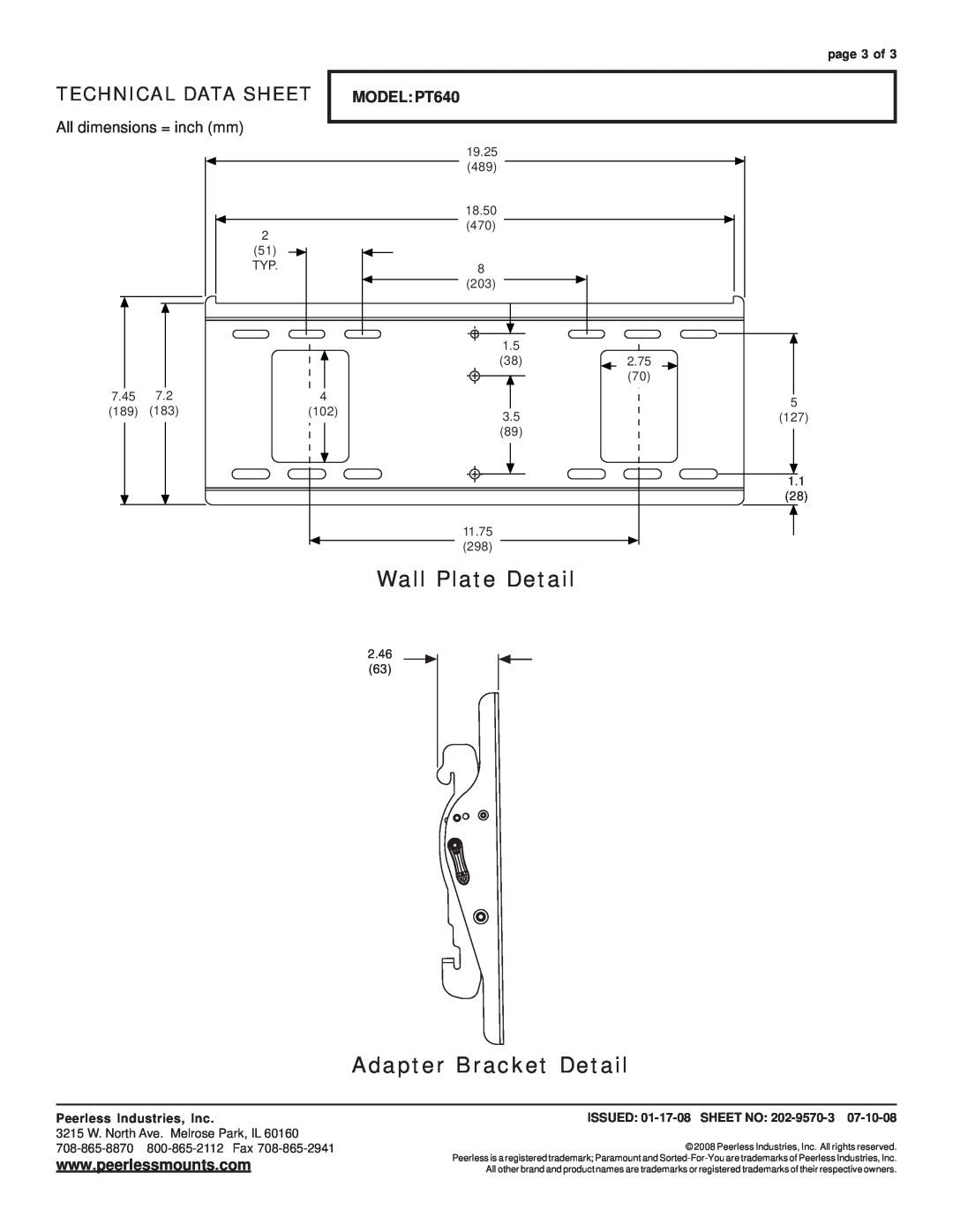 Peerless Industries dimensions Wall Plate Detail, Adapter Bracket Detail, Technical Data Sheet, MODEL PT640, page 3 of 