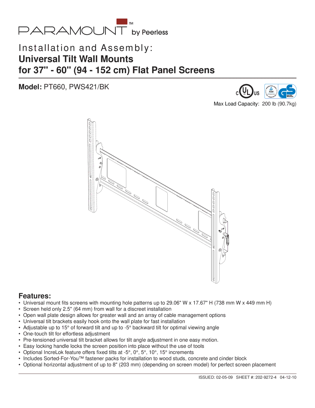 Peerless Industries manual Model PT660, PWS421/BK, Features 