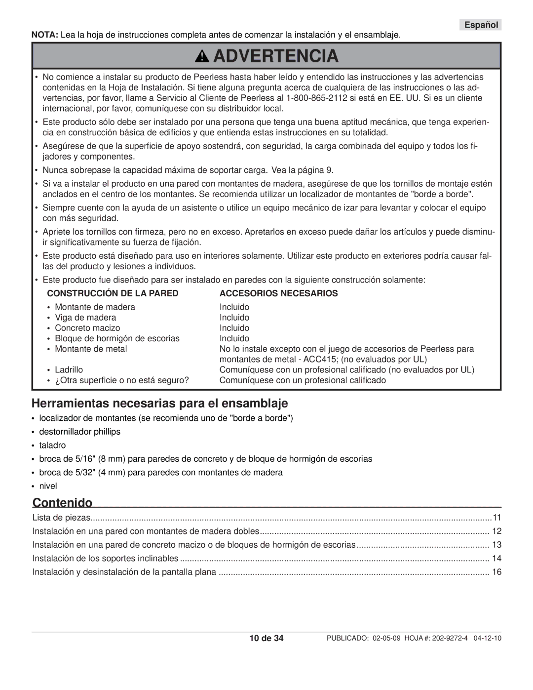 Peerless Industries PT660, PWS421 manual Herramientas necesarias para el ensamblaje, Contenido, Español, 10 de 