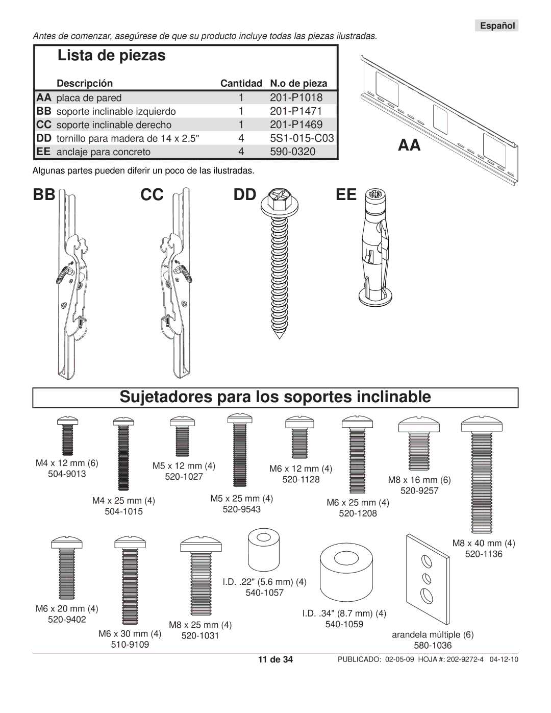 Peerless Industries PWS421, PT660 manual Lista de piezas, 11 de 