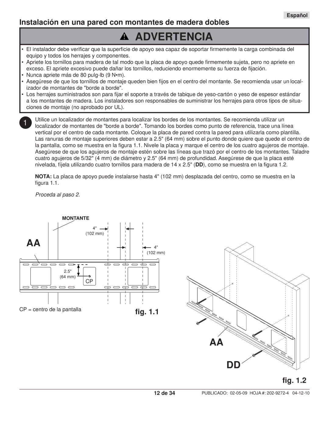 Peerless Industries PT660, PWS421 manual Instalación en una pared con montantes de madera dobles, 12 de 