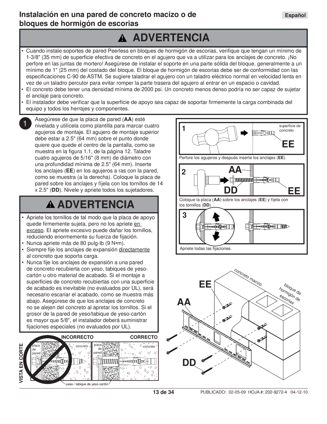 Peerless Industries PWS421, PT660 manual 13 de, Incorrecto Correcto 