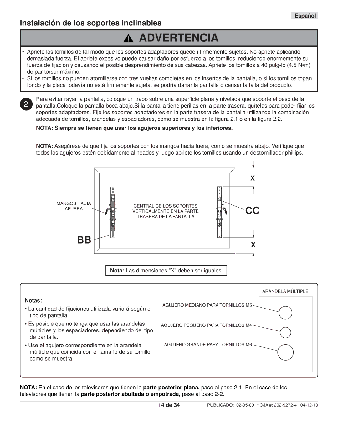 Peerless Industries PT660, PWS421 manual Instalación de los soportes inclinables, Notas, 14 de 