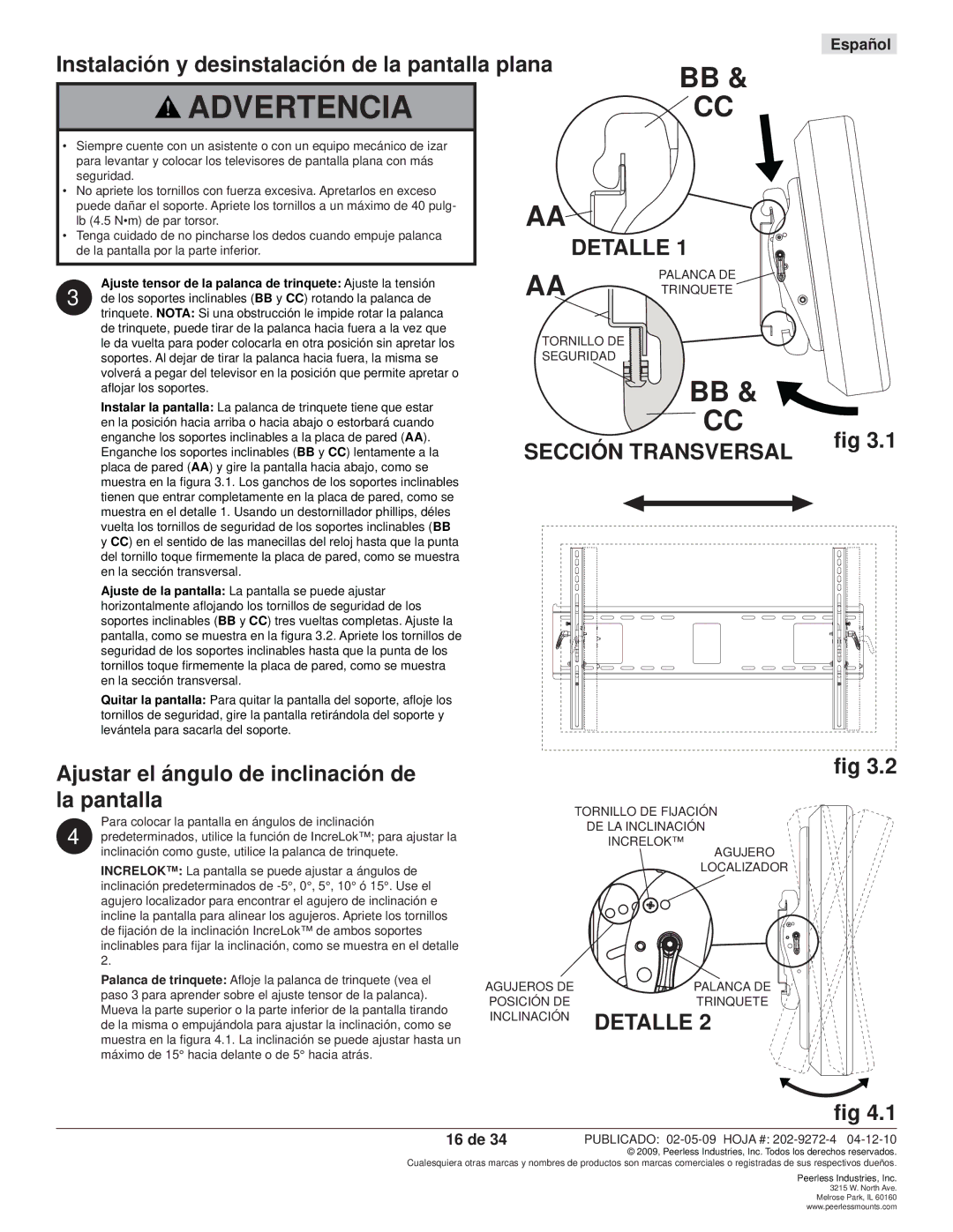 Peerless Industries PT660, PWS421 manual Instalación y desinstalación de la pantalla plana, 16 de 