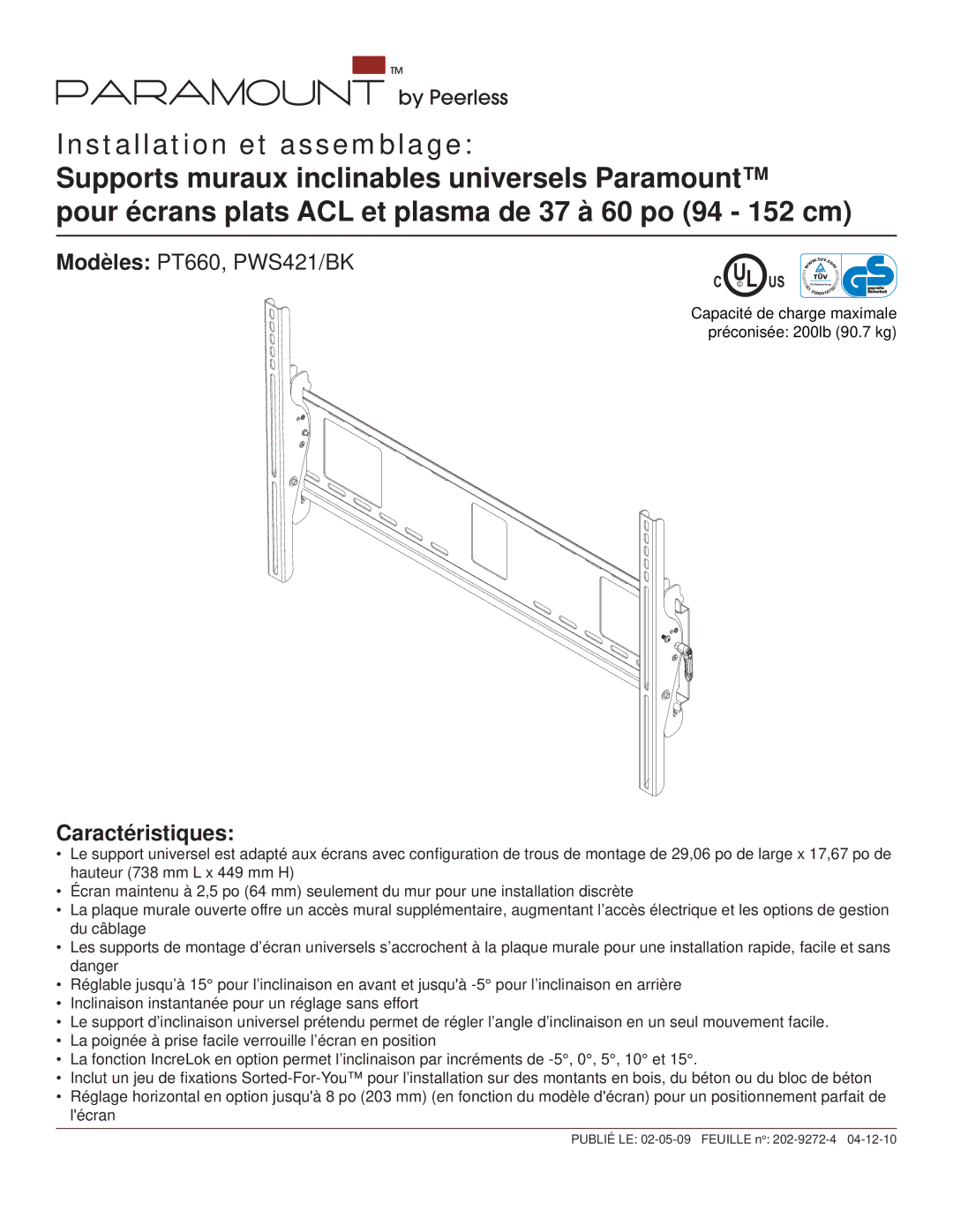 Peerless Industries manual Modèles PT660, PWS421/BK, Caractéristiques 