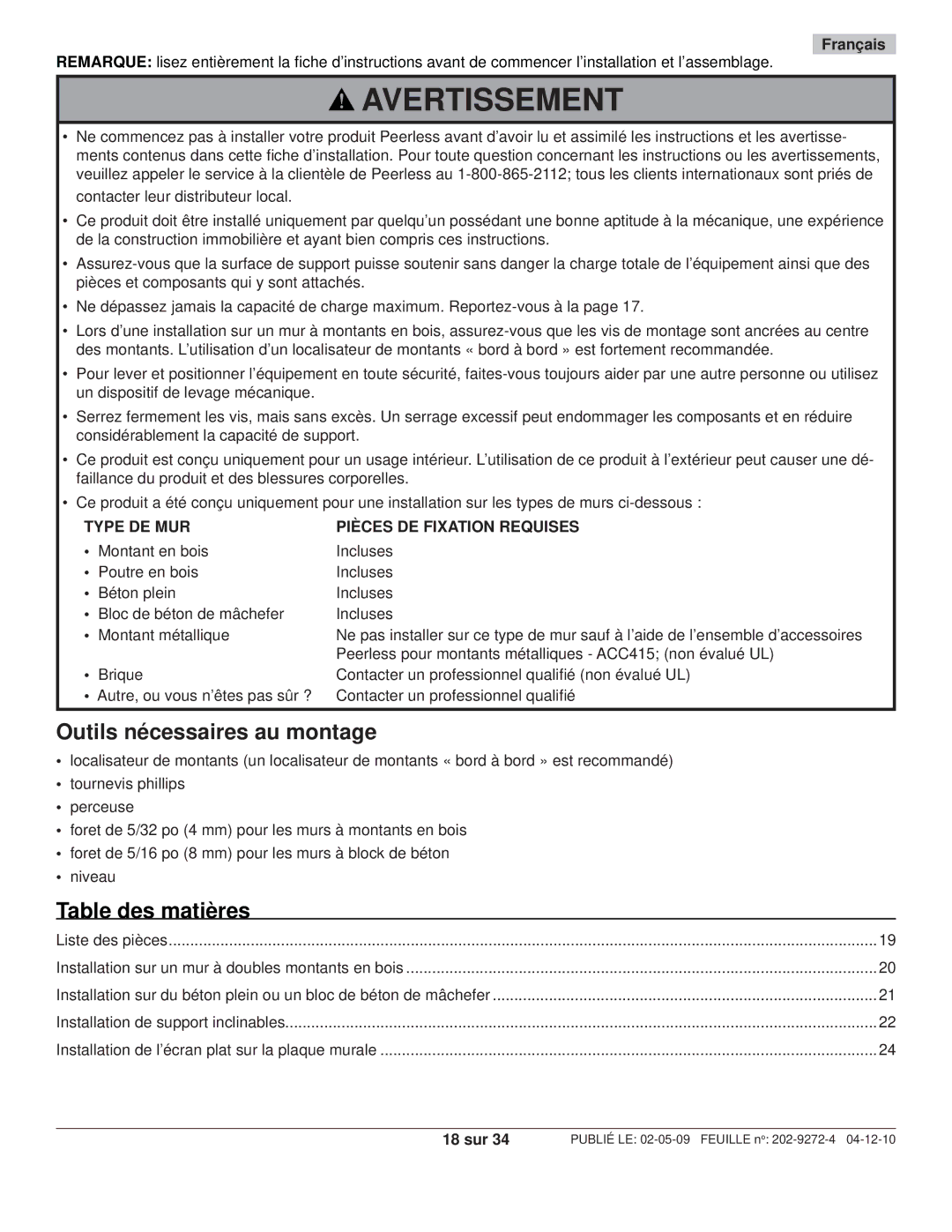 Peerless Industries PT660, PWS421 Outils nécessaires au montage, Français, Type DE MUR Pièces DE Fixation Requises, 18 sur 