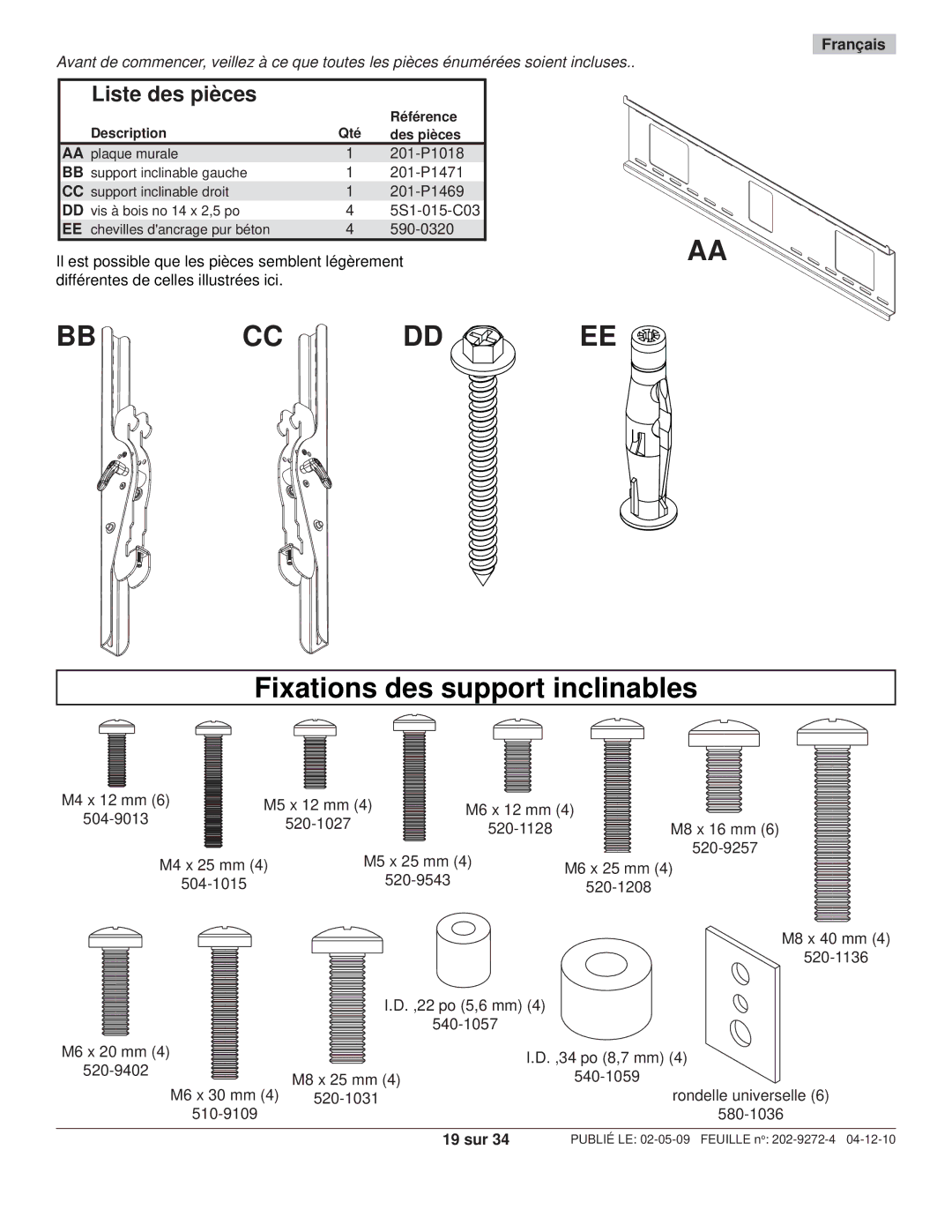 Peerless Industries PWS421, PT660 manual Liste des pièces, 19 sur 