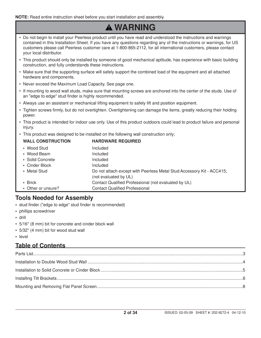 Peerless Industries PT660, PWS421 manual Tools Needed for Assembly, Table of Contents 