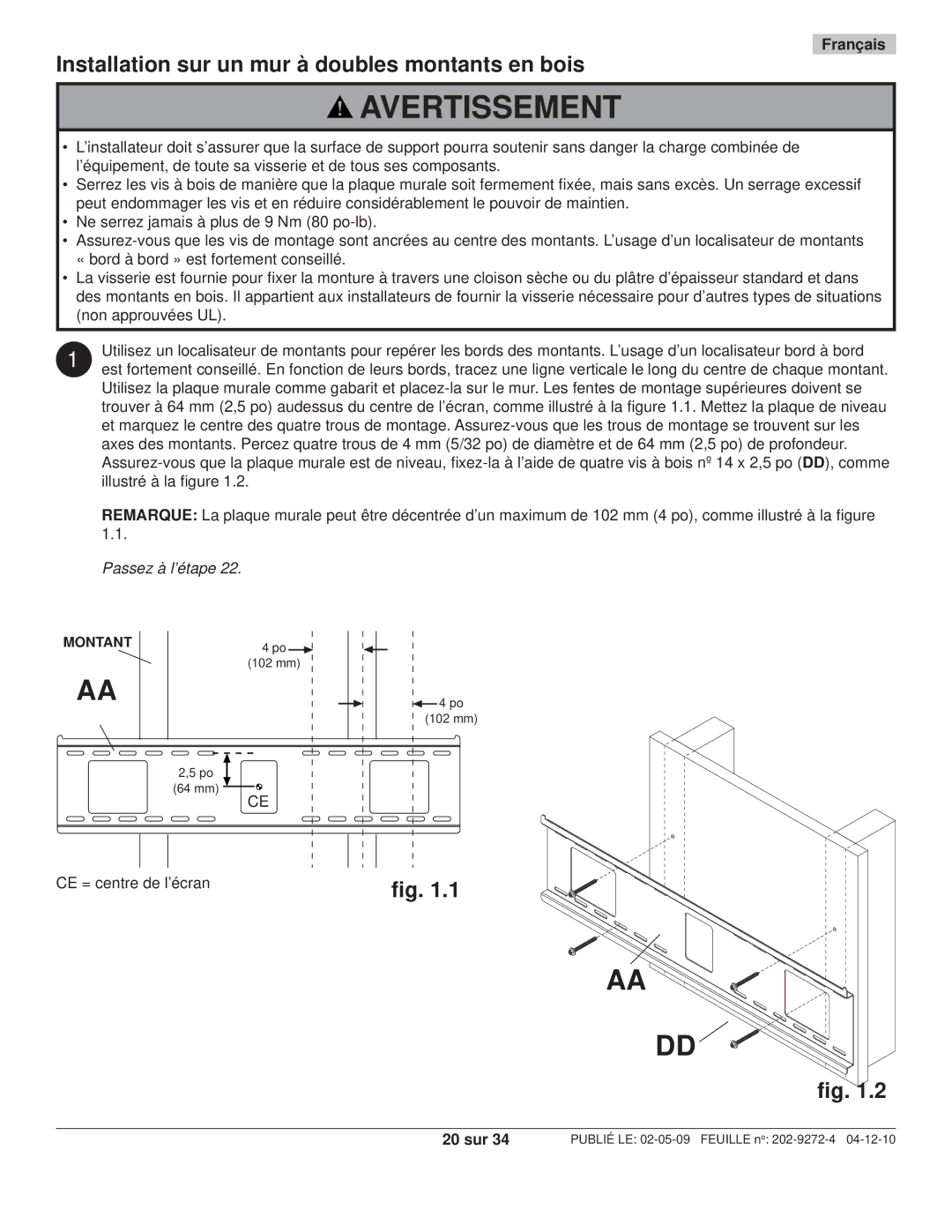 Peerless Industries PT660, PWS421 manual Installation sur un mur à doubles montants en bois, 20 sur 