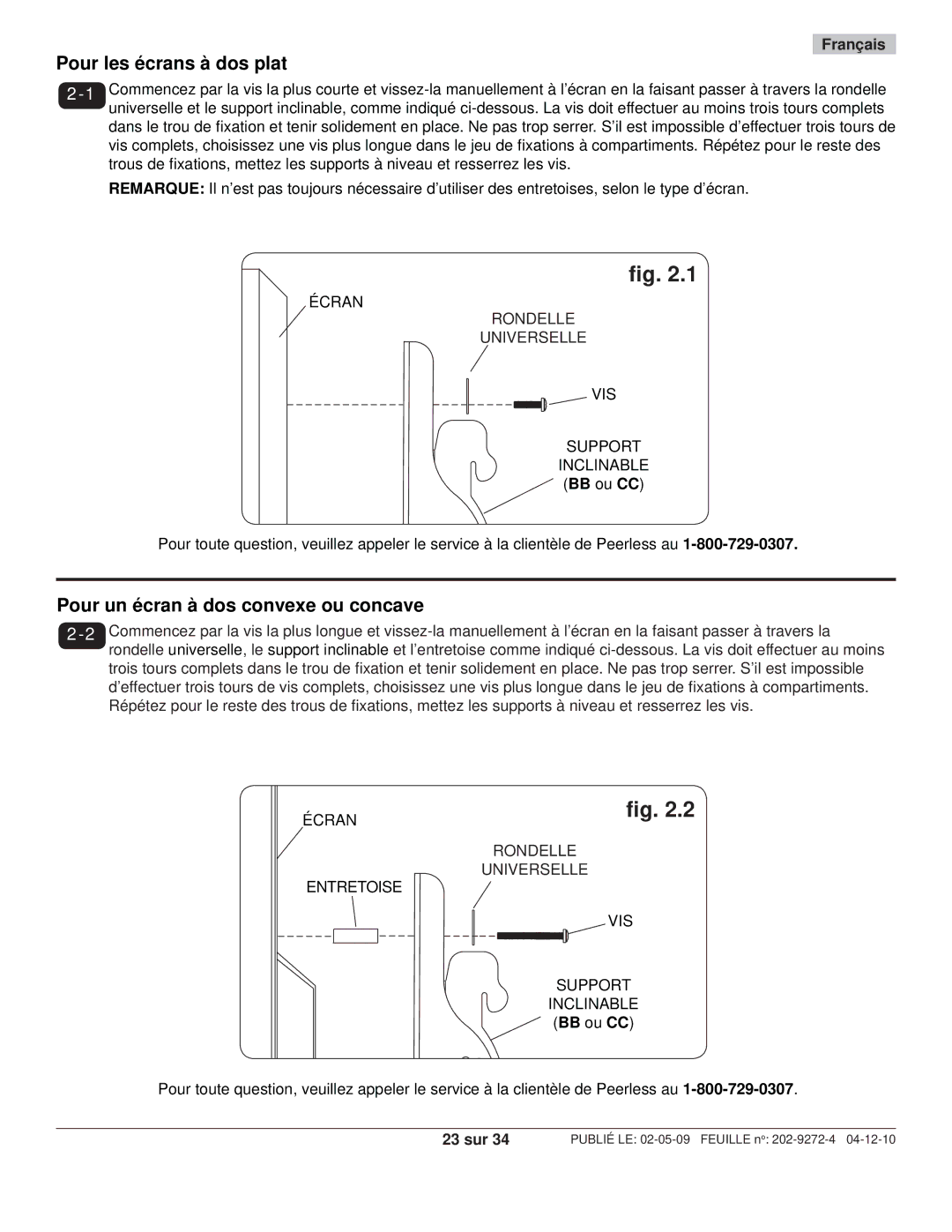 Peerless Industries PWS421, PT660 manual Pour les écrans à dos plat, 23 sur 