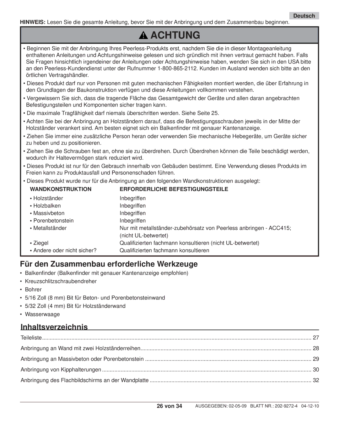 Peerless Industries PT660, PWS421 manual Für den Zusammenbau erforderliche Werkzeuge, Inhaltsverzeichnis, Deutsch 