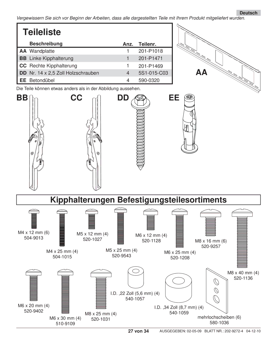 Peerless Industries PWS421, PT660 manual Teileliste, 27 von 