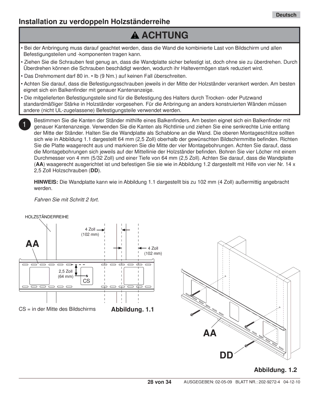 Peerless Industries PT660, PWS421 manual Installation zu verdoppeln Holzständerreihe 