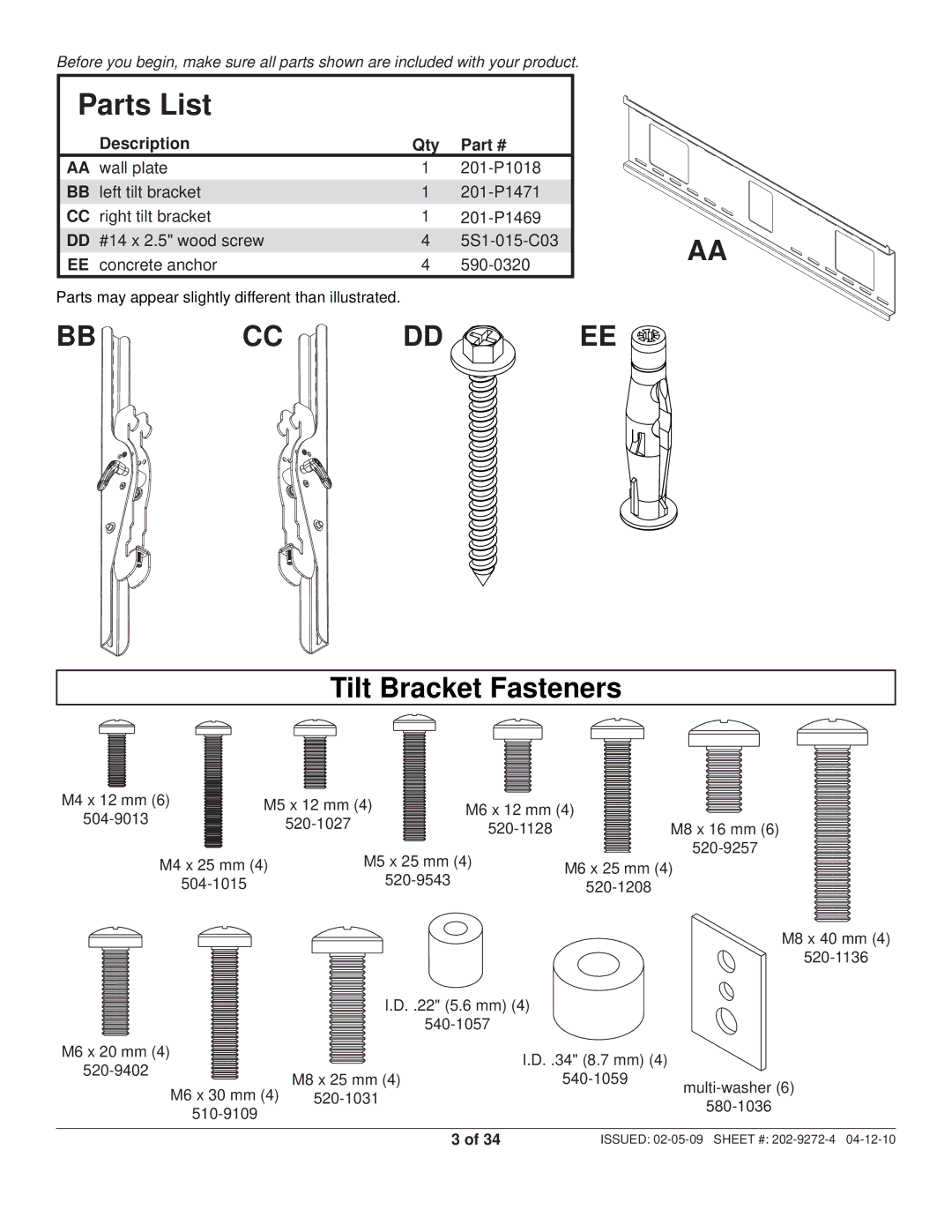 Peerless Industries PWS421, PT660 manual Parts List 