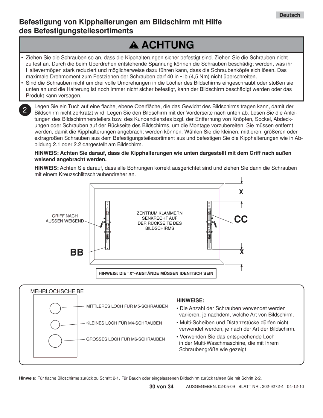 Peerless Industries PT660, PWS421 manual Achtung, Hinweise 