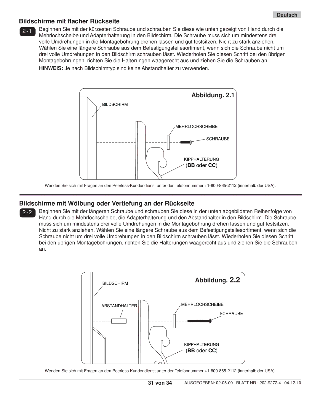 Peerless Industries PWS421, PT660 manual Bildschirme mit ﬂacher Rückseite 