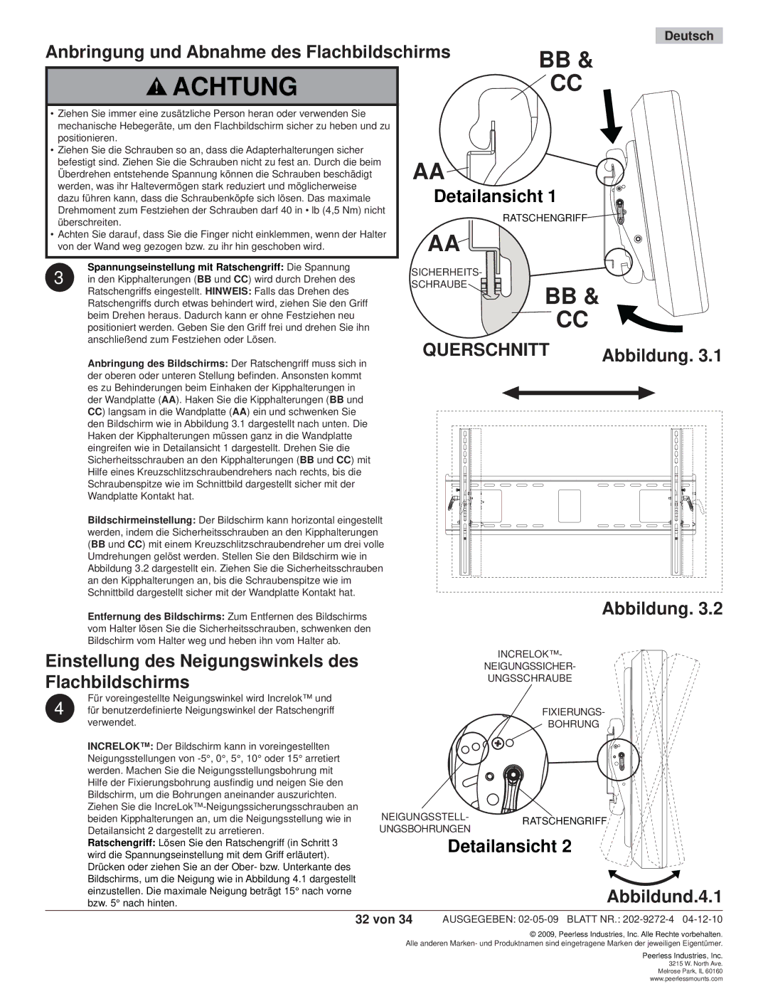 Peerless Industries PT660, PWS421 manual Anbringung und Abnahme des Flachbildschirms, Abbildung, Abbildund.4.1 