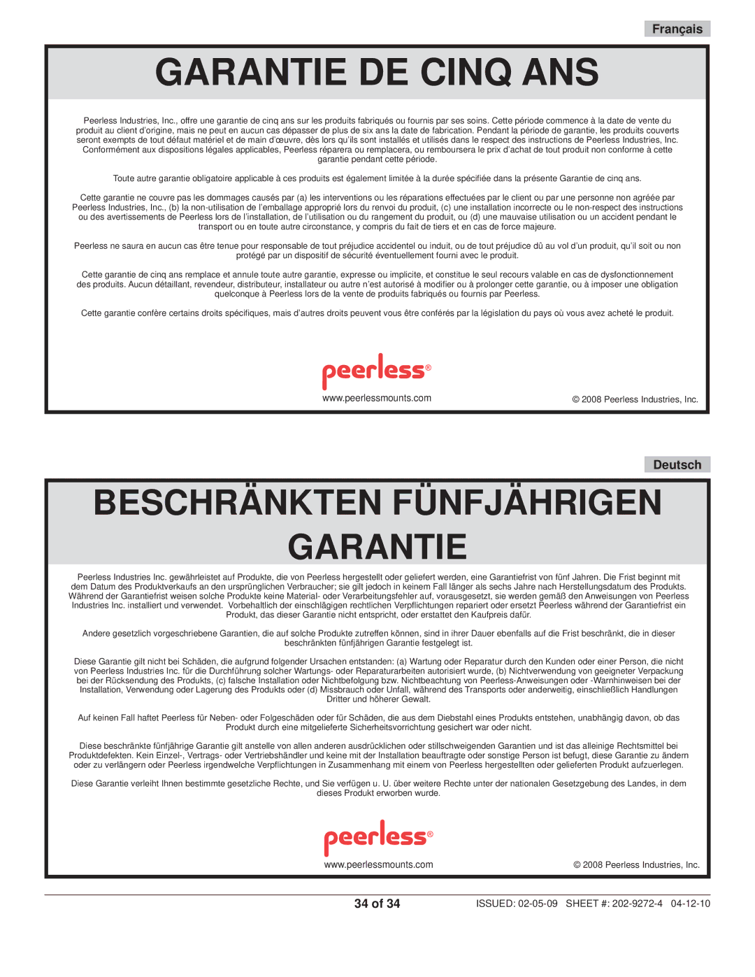 Peerless Industries PT660, PWS421 manual Garantie DE Cinq ANS 