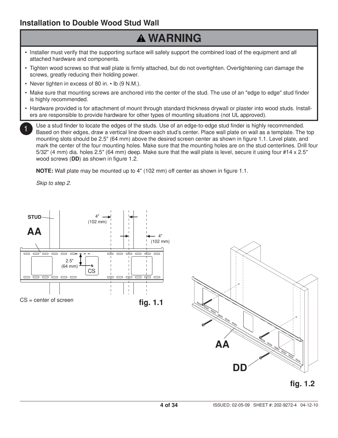 Peerless Industries PT660, PWS421 manual Installation to Double Wood Stud Wall 