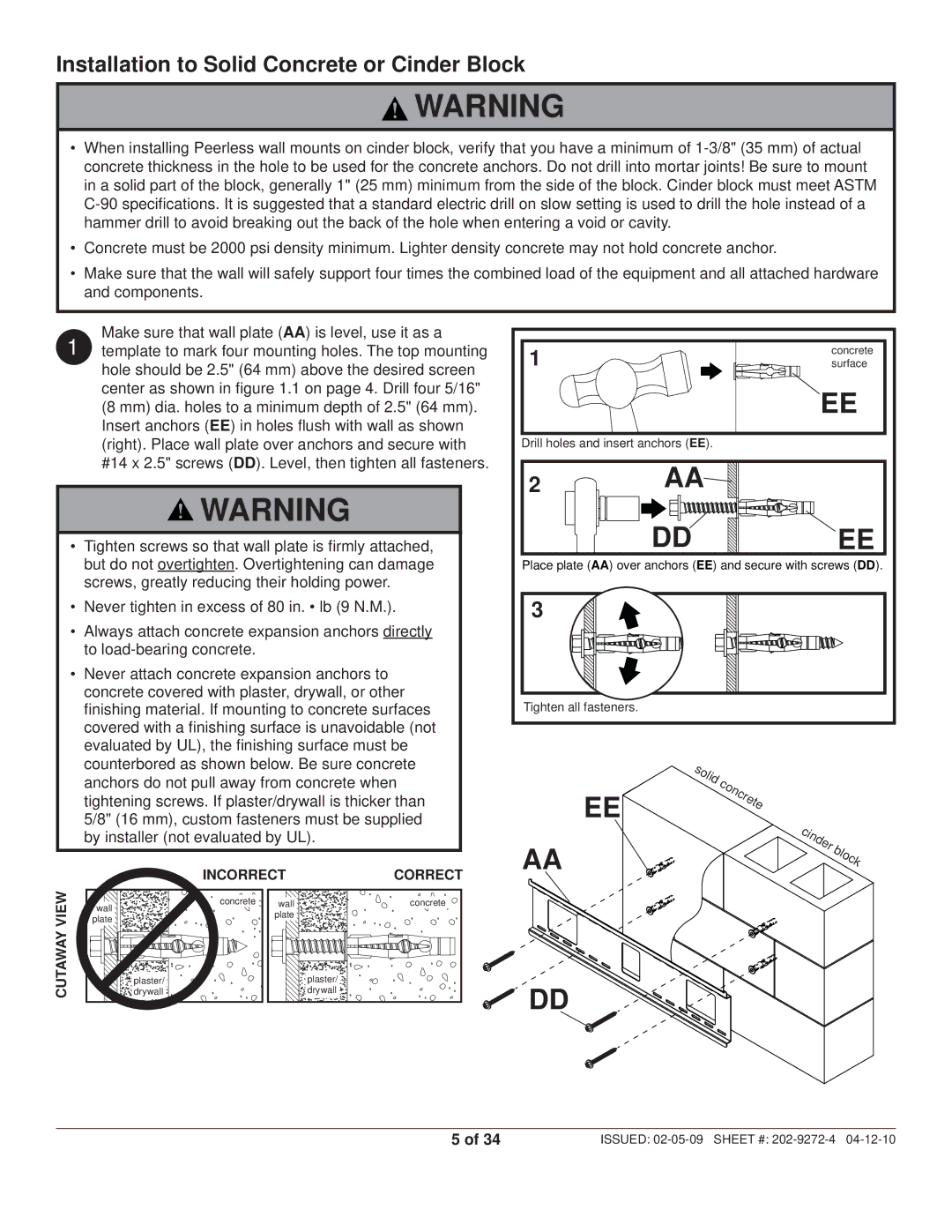 Peerless Industries PWS421, PT660 manual Installation to Solid Concrete or Cinder Block, Incorrect Correct 