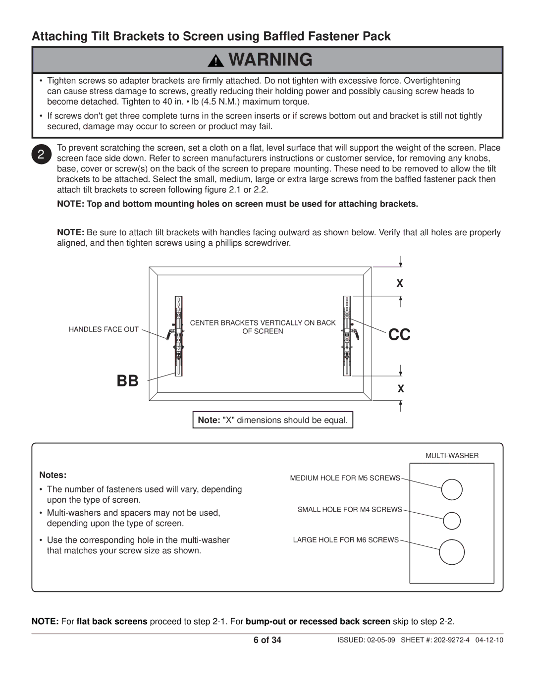 Peerless Industries PT660, PWS421 manual Attaching Tilt Brackets to Screen using Bafﬂed Fastener Pack 