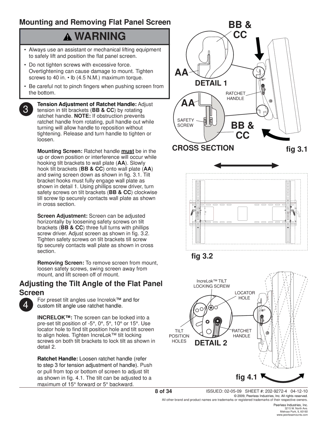 Peerless Industries PT660, PWS421 manual Adjusting the Tilt Angle of the Flat Panel, Screen 