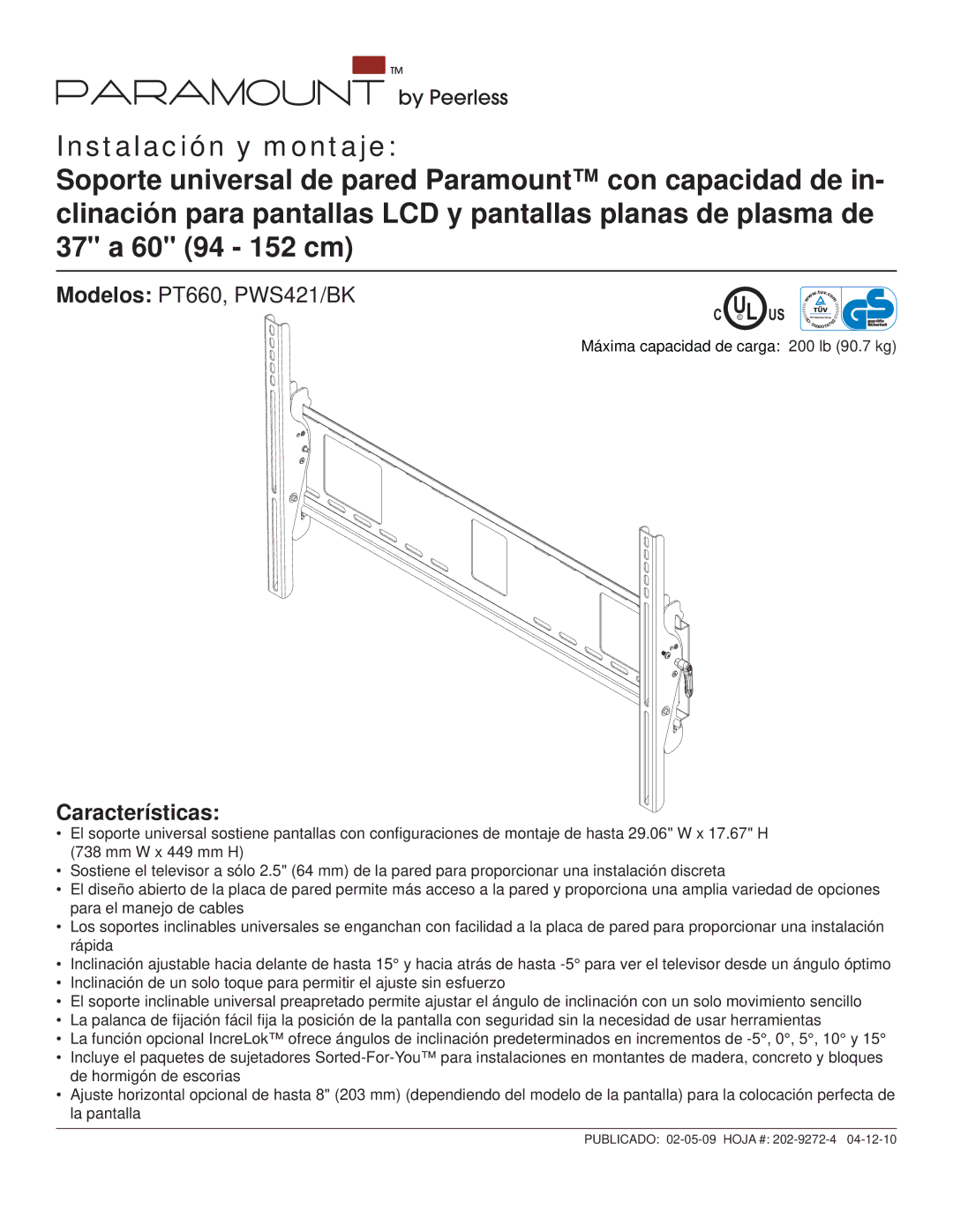 Peerless Industries manual Modelos PT660, PWS421/BK, Características 