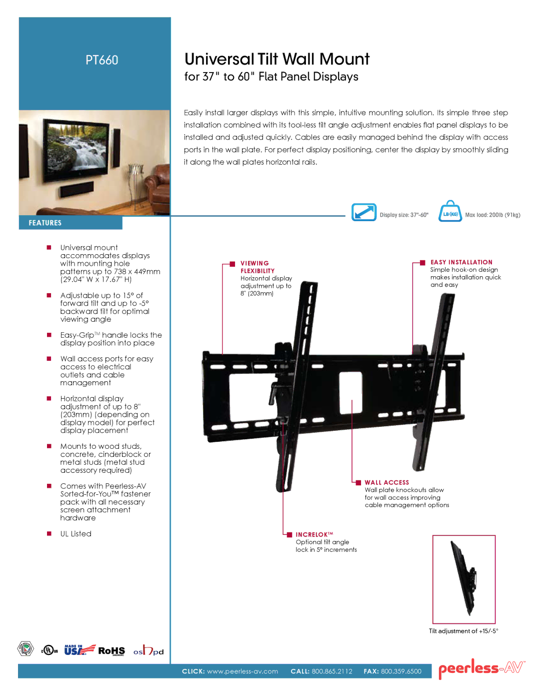 Peerless Industries PT660 manual Universal Tilt Wall Mount, For 37 to 60 Flat Panel Displays, FeatureS 