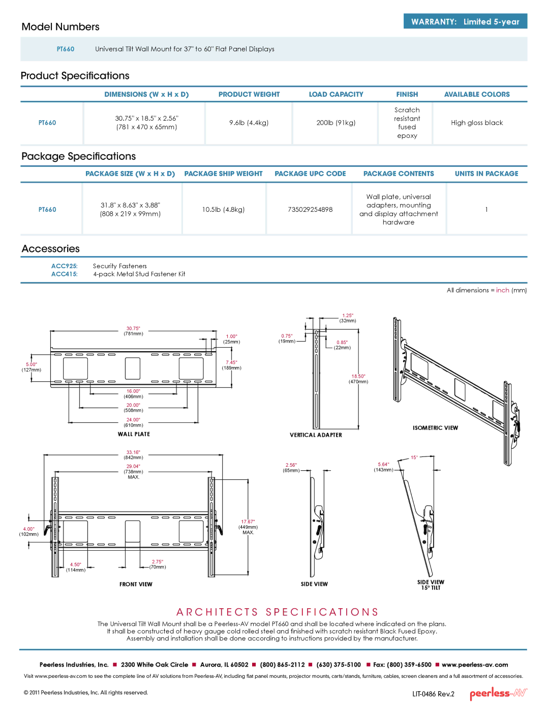 Peerless Industries PT660 manual Model Numbers, Product Specifications, Package Specifications, Accessories 