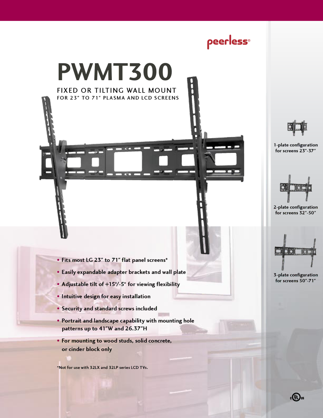 Peerless Industries PWMT300 manual Fixed or Tilting Wall Mount 