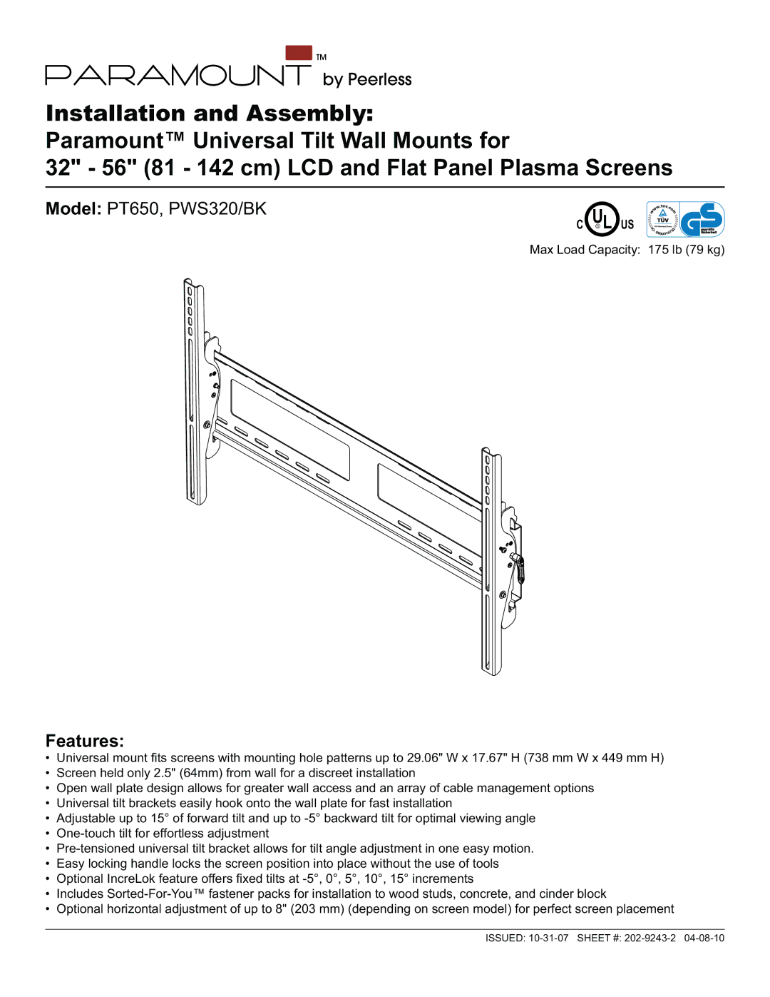 Peerless Industries PT650, PWS320/BK manual L Us 