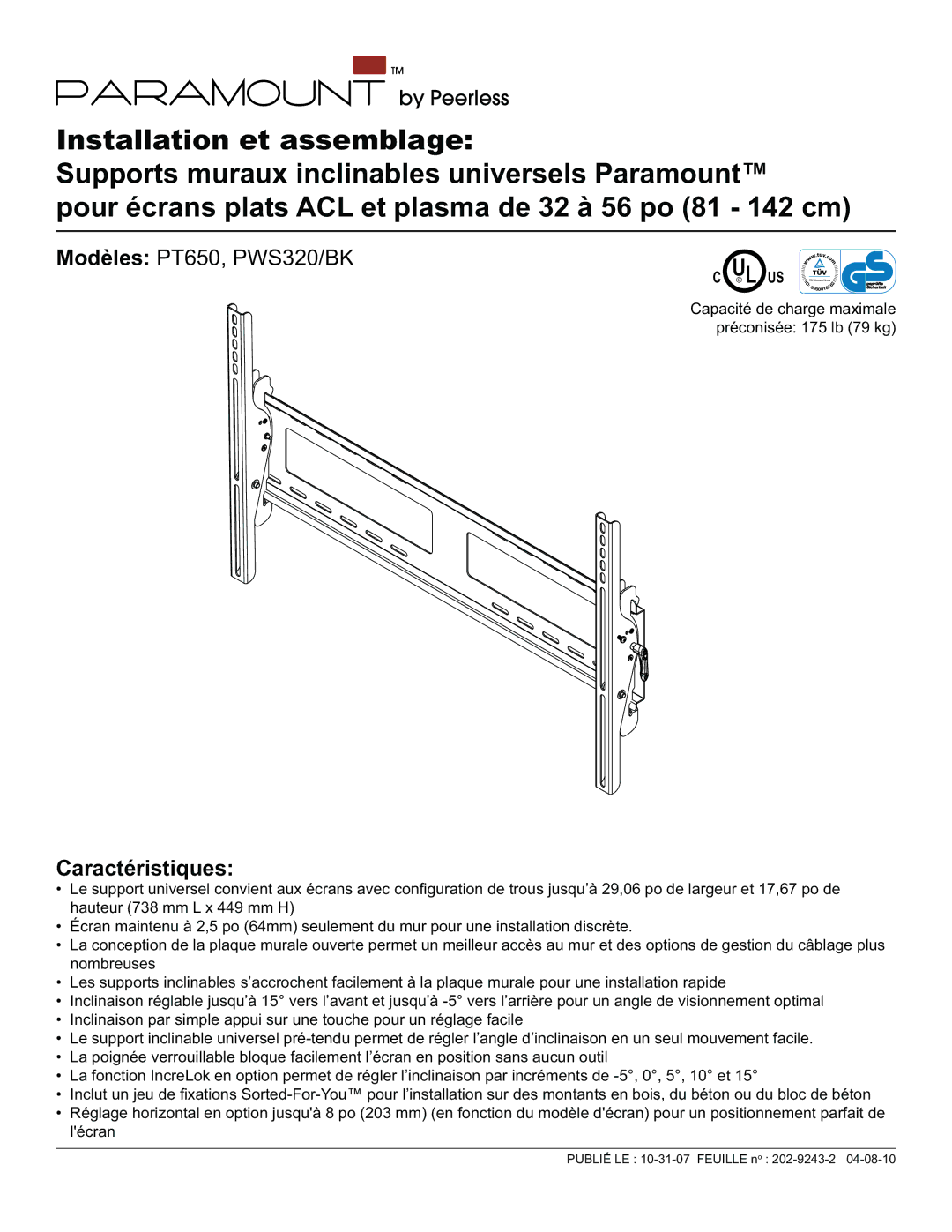 Peerless Industries PT650, PWS320/BK manual L Us 