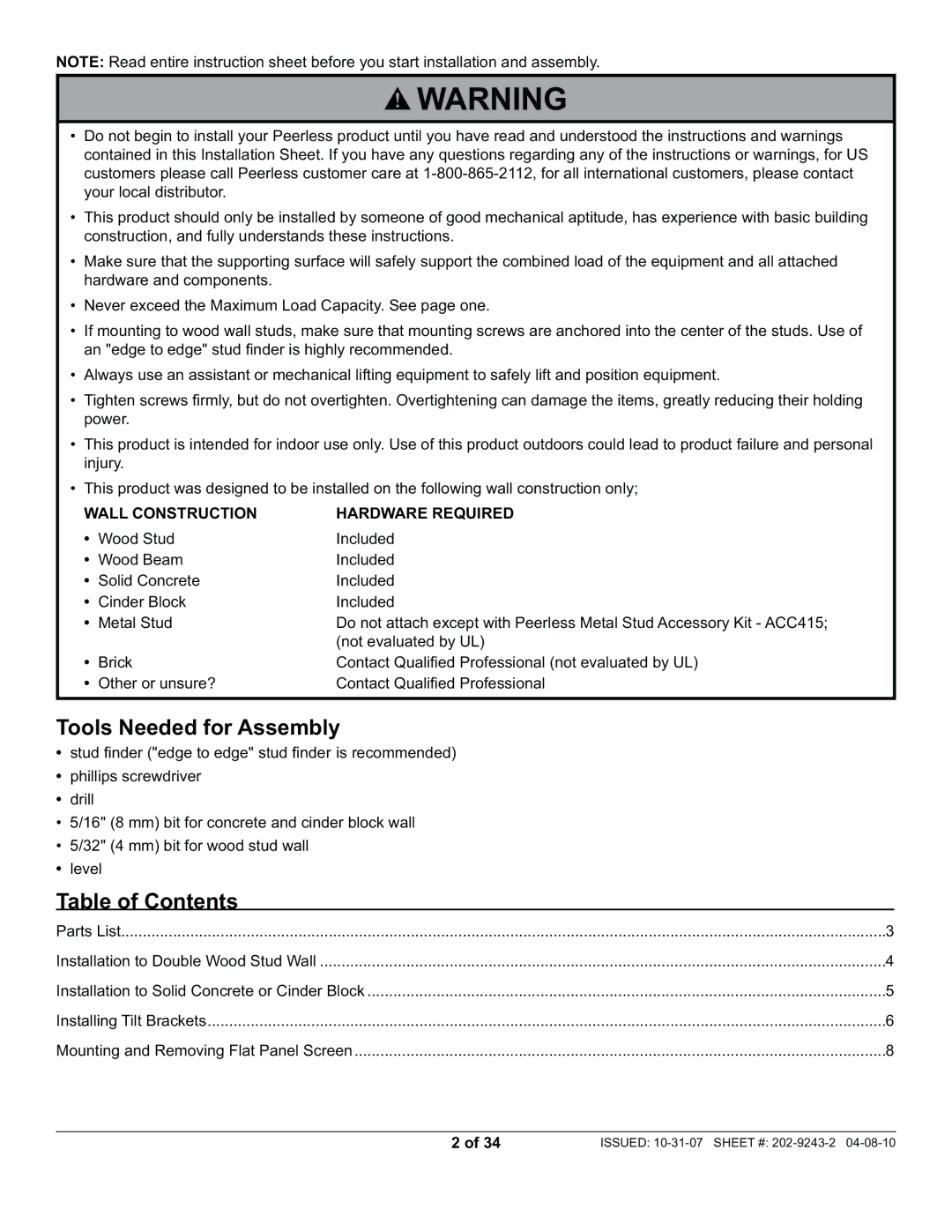 Peerless Industries PWS320/BK, PT650 manual 