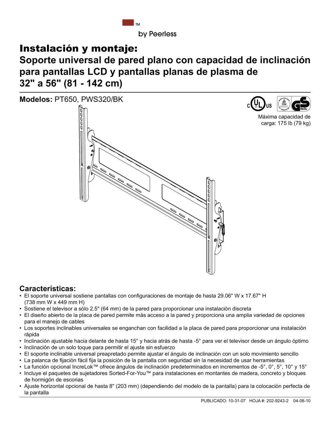 Peerless Industries PT650, PWS320/BK manual L Us 