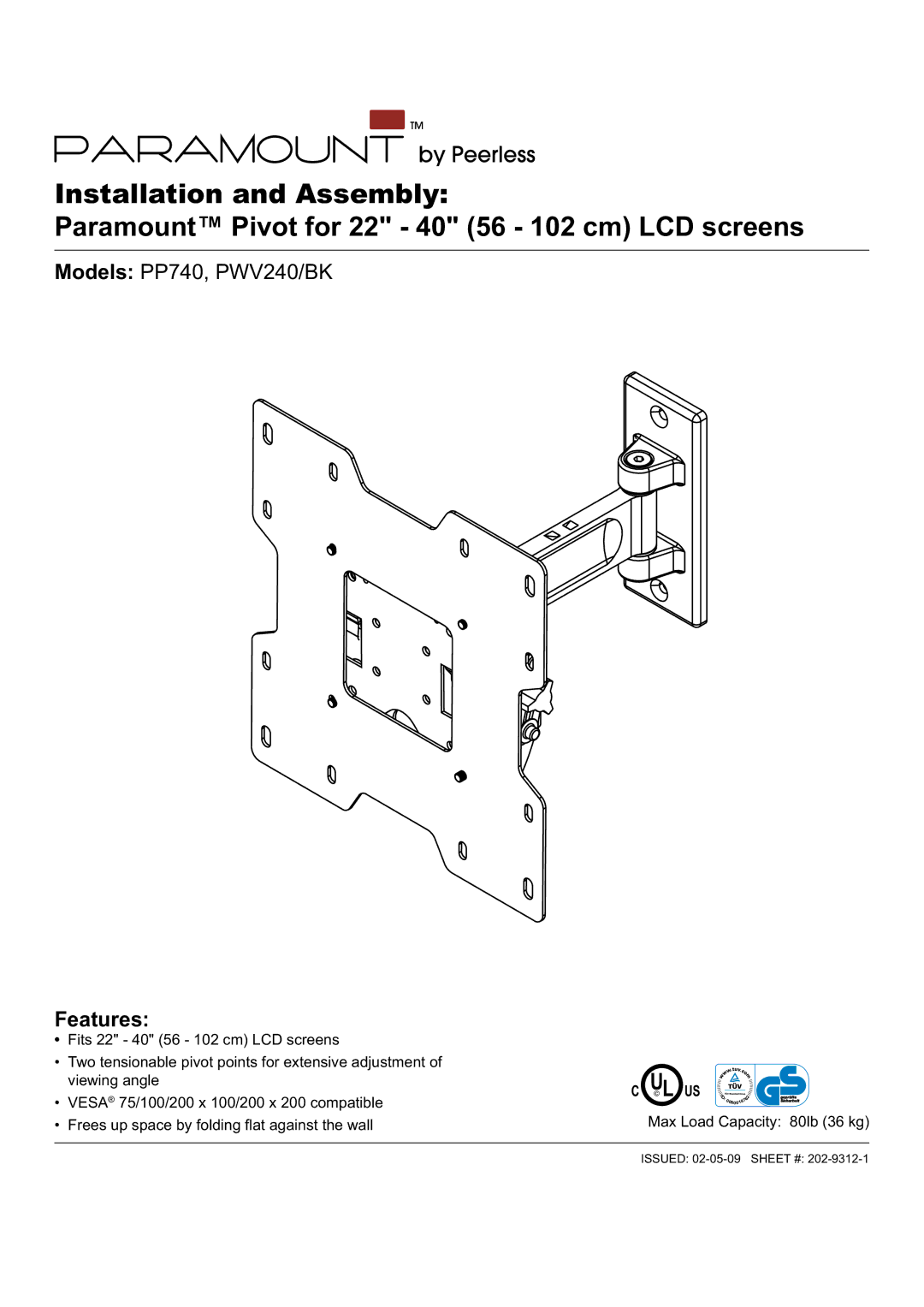 Peerless Industries PP740, PWV240/BK manual Features 