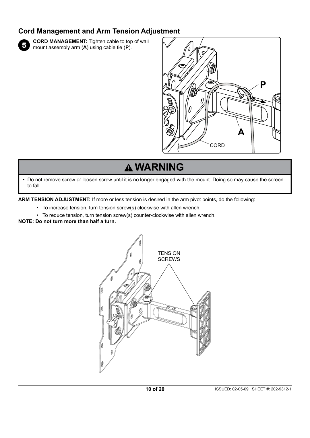 Peerless Industries PWV240/BK, PP740 manual Cord Management and Arm Tension Adjustment 