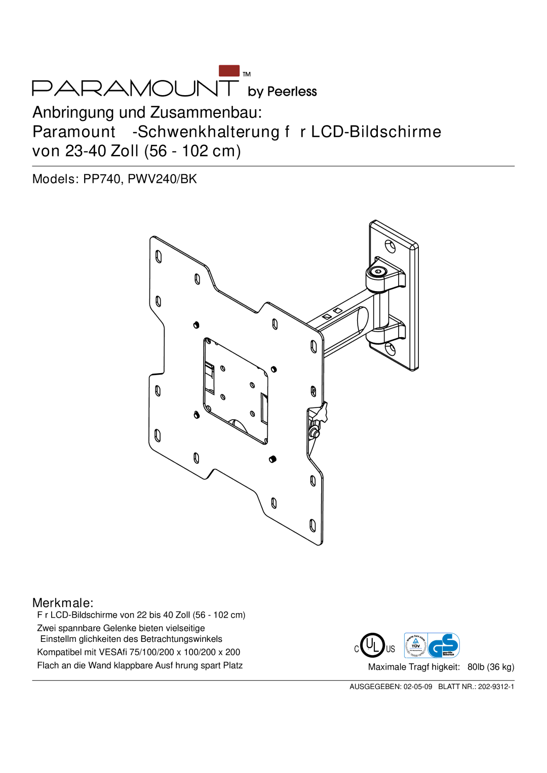 Peerless Industries PP740, PWV240/BK manual Merkmale, Maximale Tragfähigkeit 80lb 36 kg 