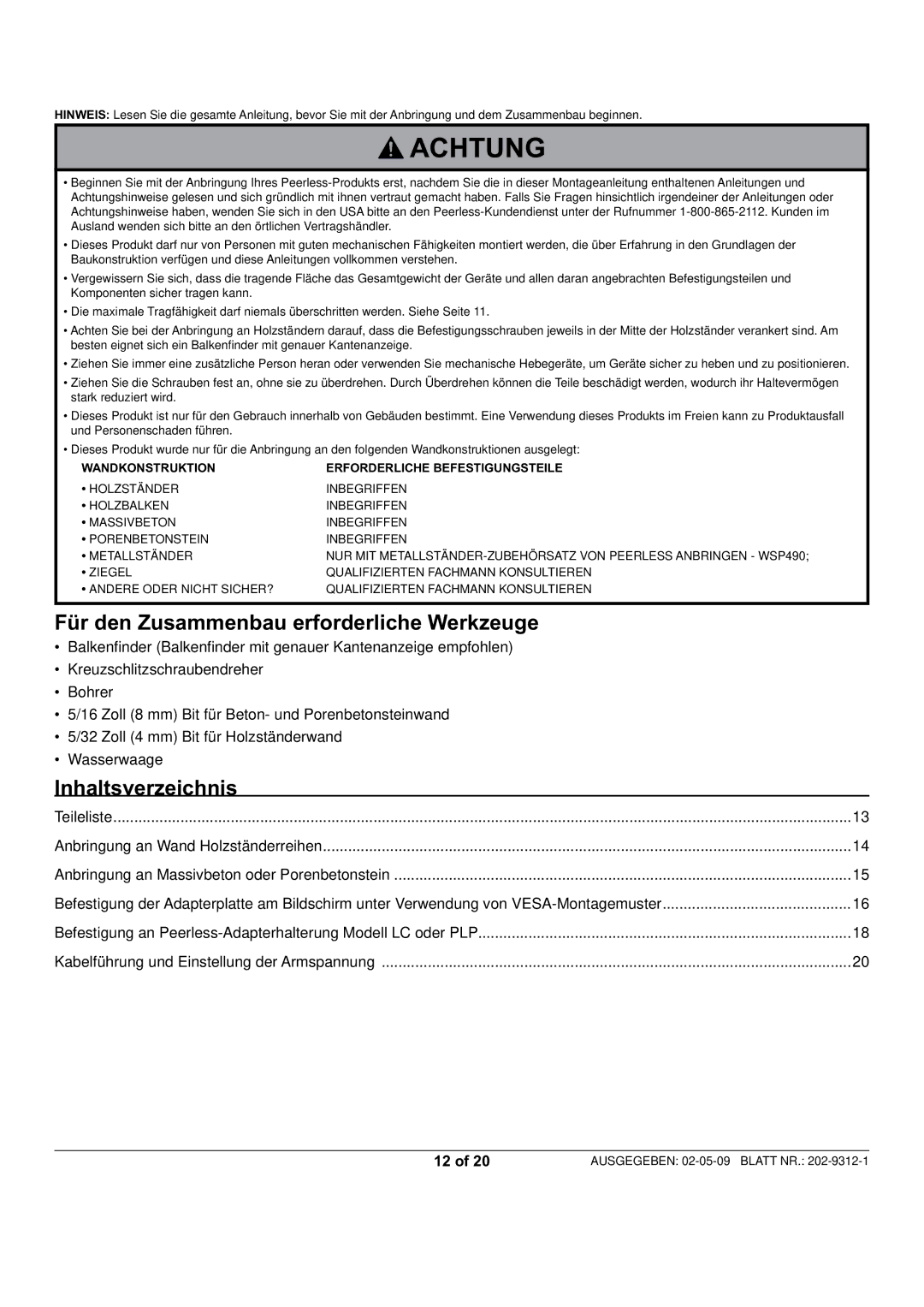 Peerless Industries PWV240/BK, PP740 manual Für den Zusammenbau erforderliche Werkzeuge, Inhaltsverzeichnis 