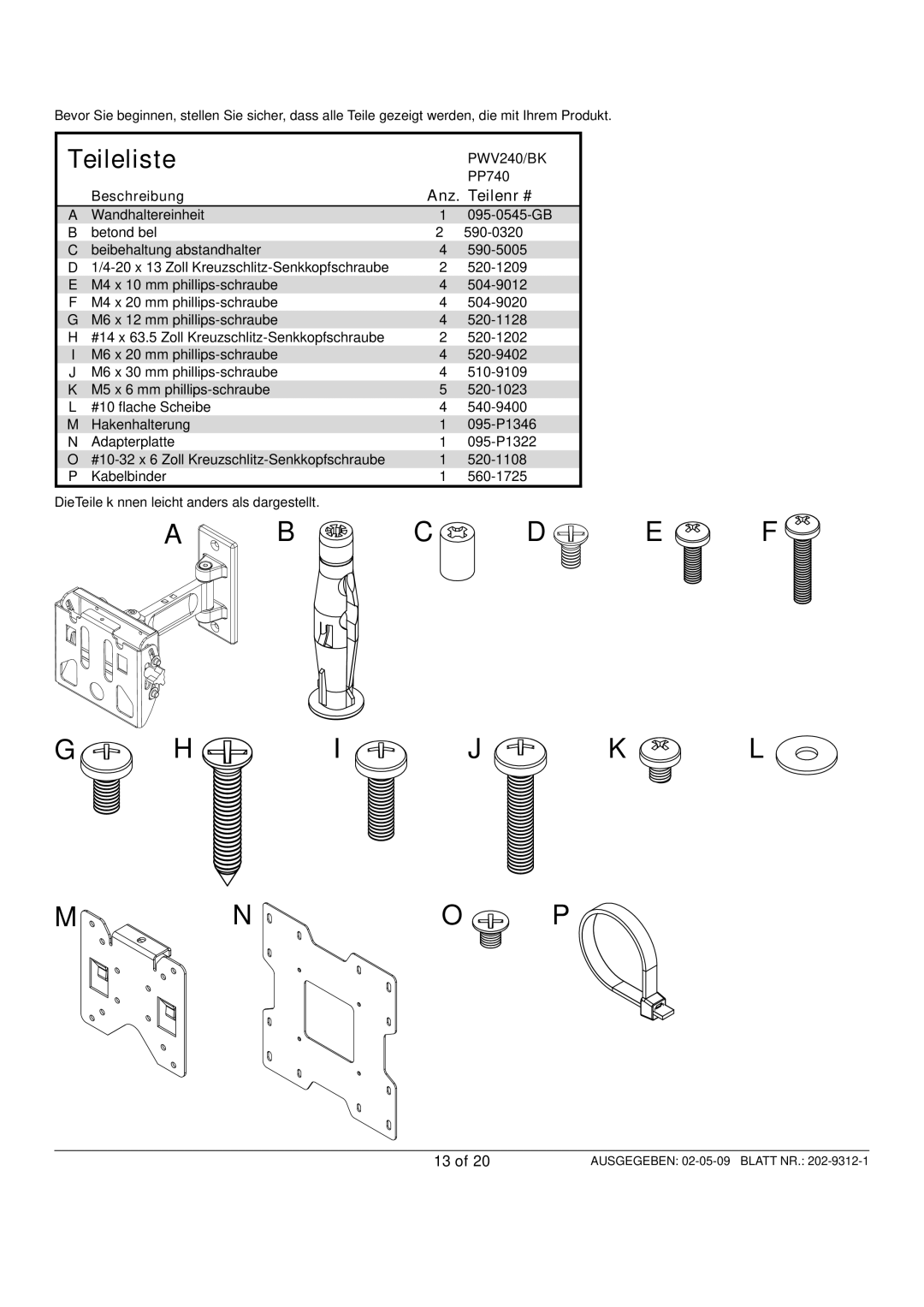 Peerless Industries PP740, PWV240/BK manual Teileliste, Anz. Teilenr # 