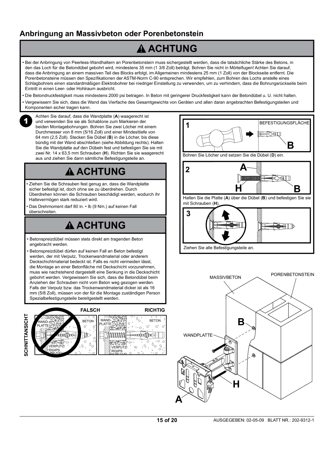 Peerless Industries PP740, PWV240/BK manual Anbringung an Massivbeton oder Porenbetonstein 