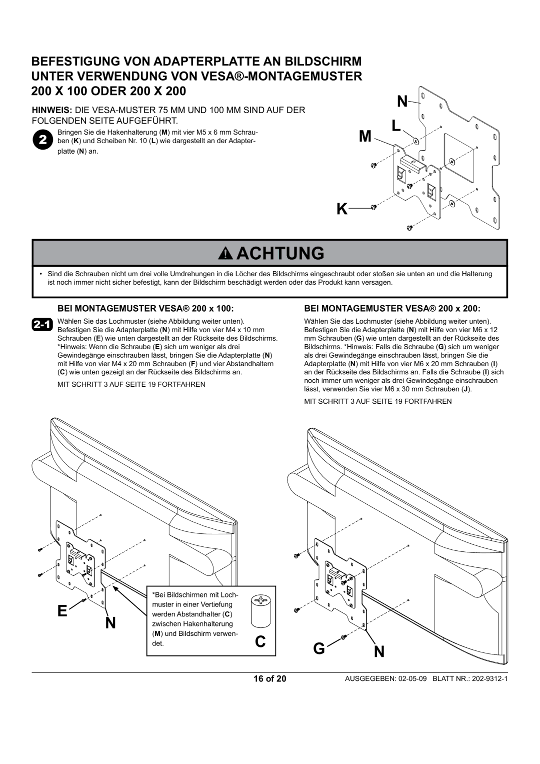 Peerless Industries PWV240/BK, PP740 manual Achtung, BEI Montagemuster Vesa 200 x 