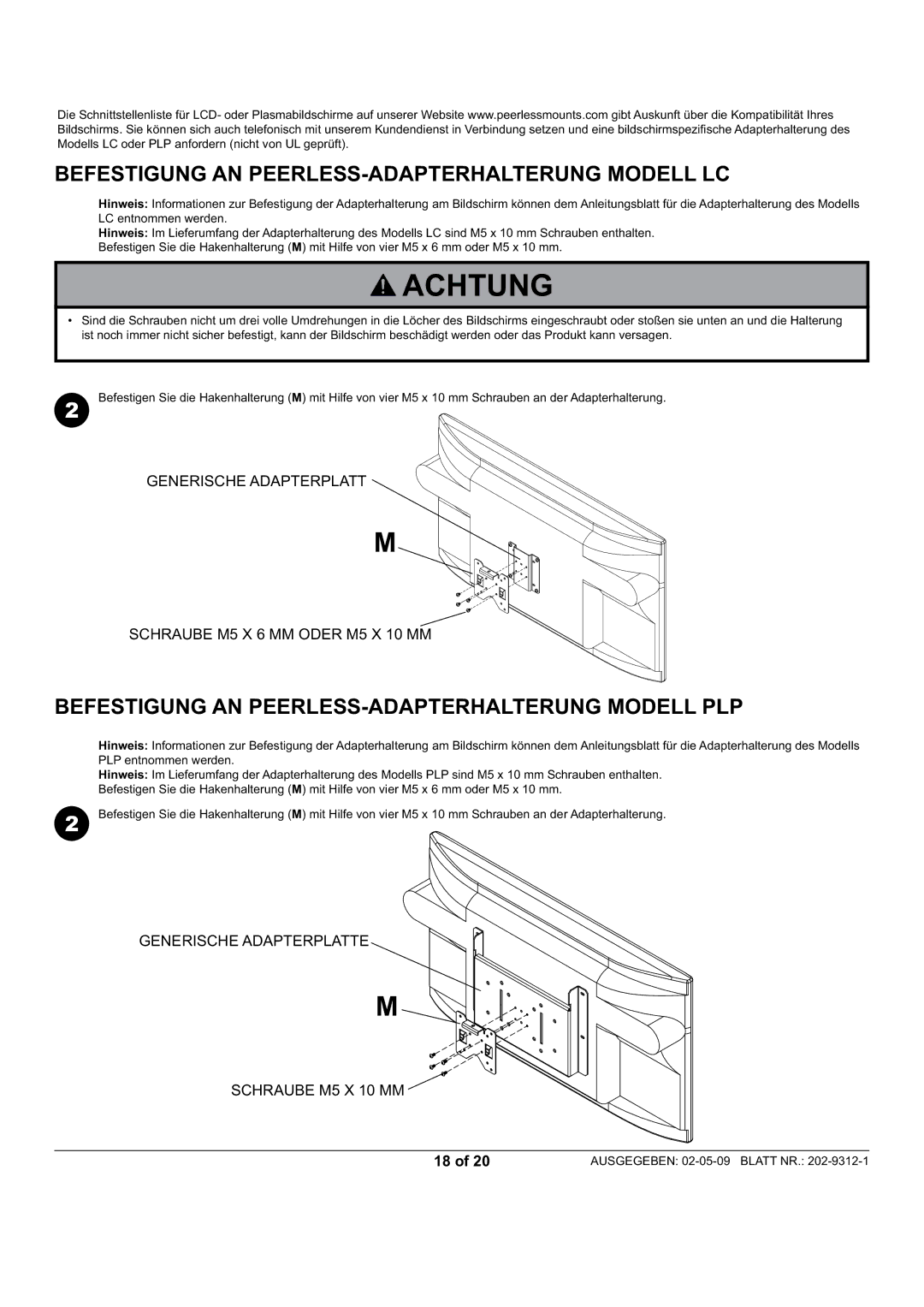 Peerless Industries PWV240/BK, PP740 manual Befestigung AN PEERLESS-ADAPTERHALTERUNG Modell LC 