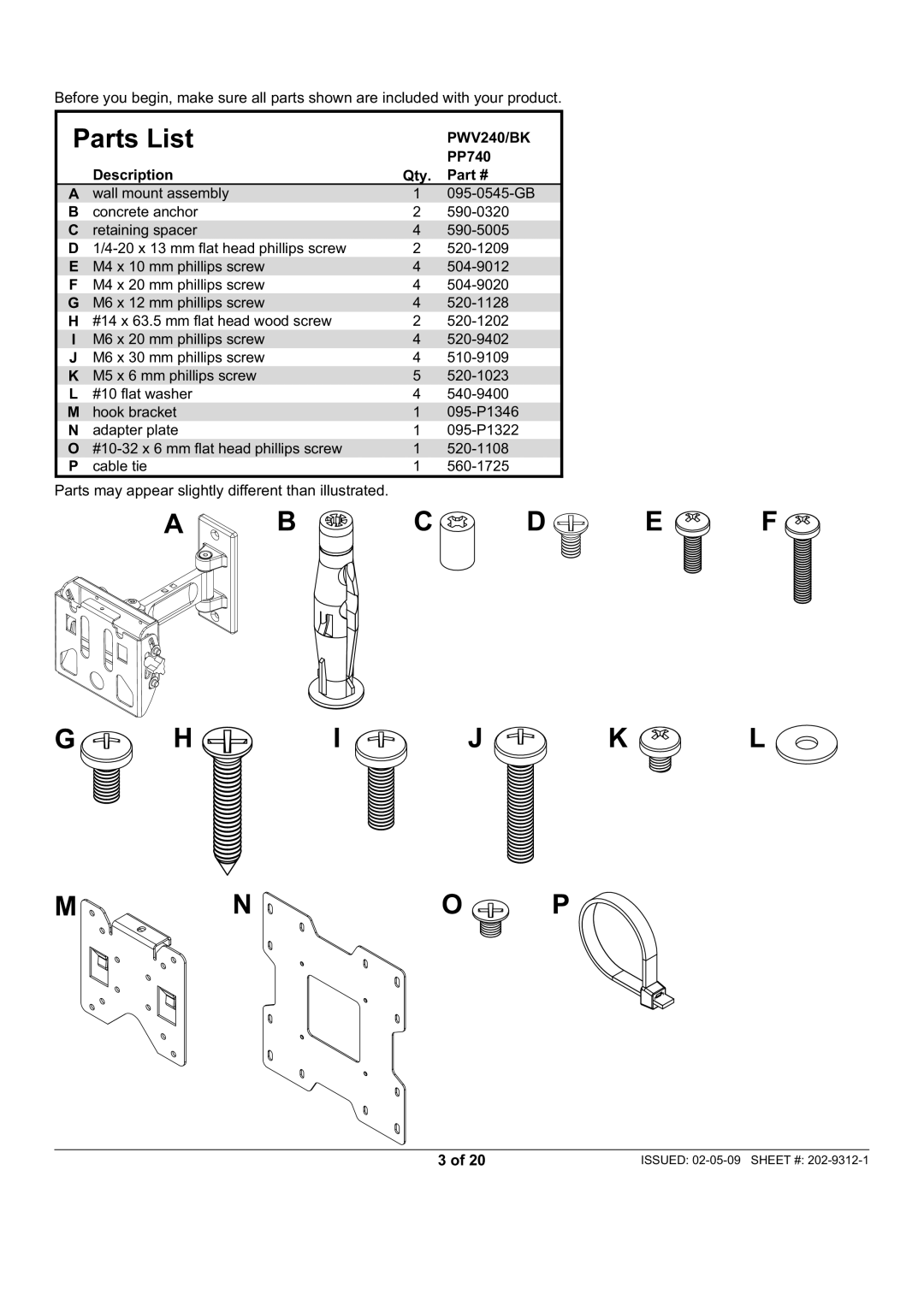 Peerless Industries manual PWV240/BK, Description PP740 Qty 