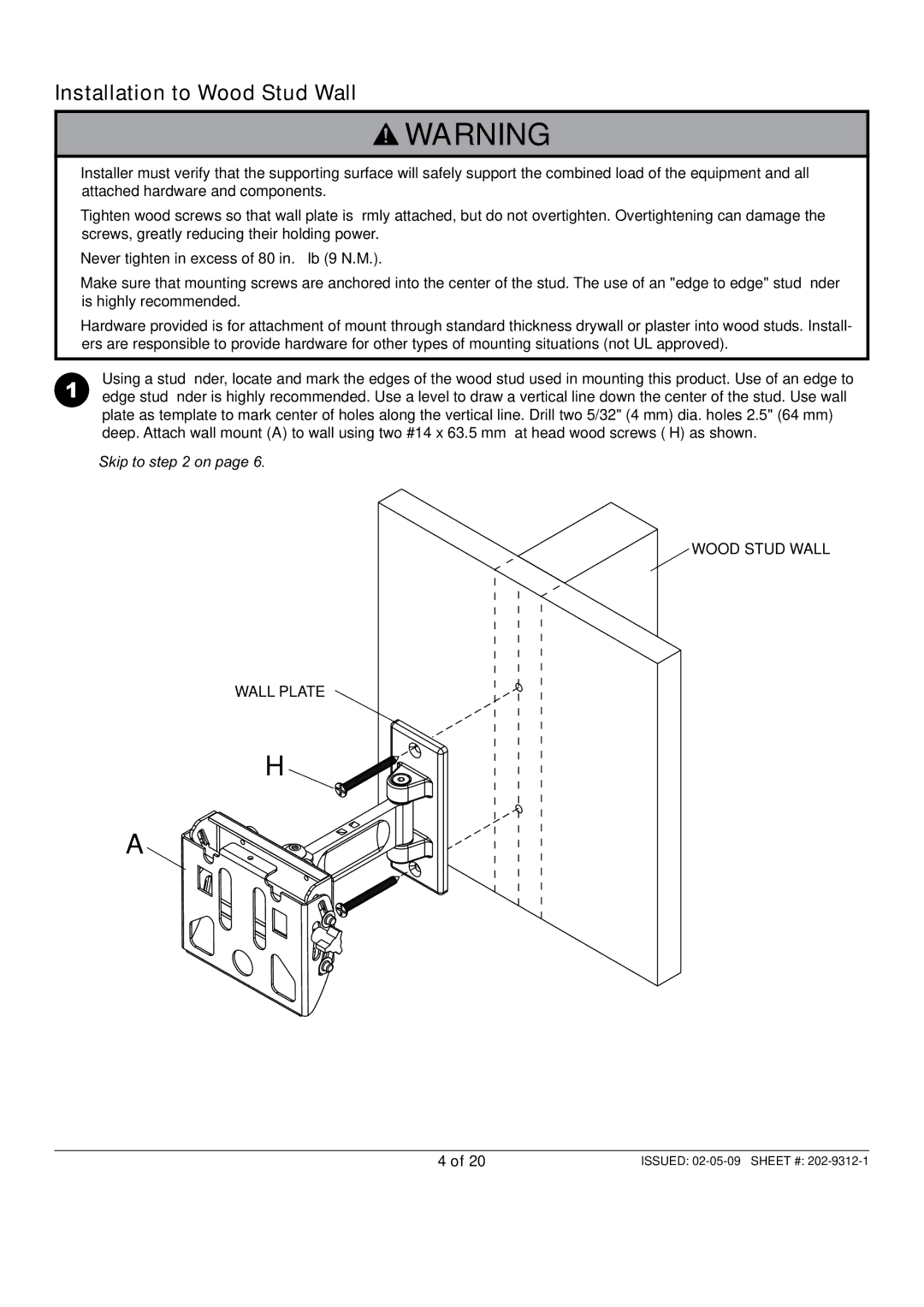 Peerless Industries PWV240/BK, PP740 manual Installation to Wood Stud Wall 