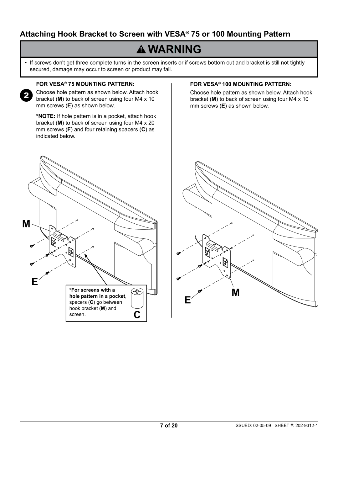 Peerless Industries PP740, PWV240/BK manual For Vesa 75 Mounting Pattern, For Vesa 100 Mounting Pattern 