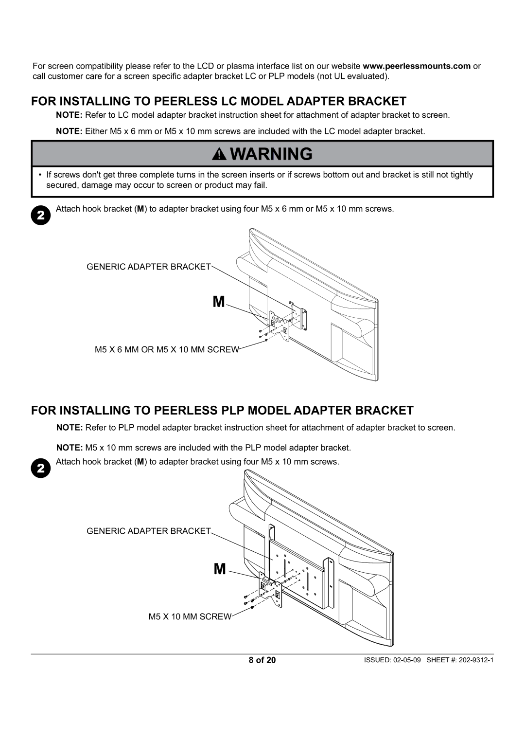 Peerless Industries PWV240/BK, PP740 manual For Installing to Peerless LC Model Adapter Bracket 