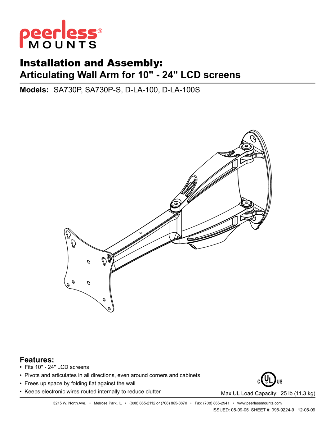 Peerless Industries SA730P-S, D-LA-100S manual Features 